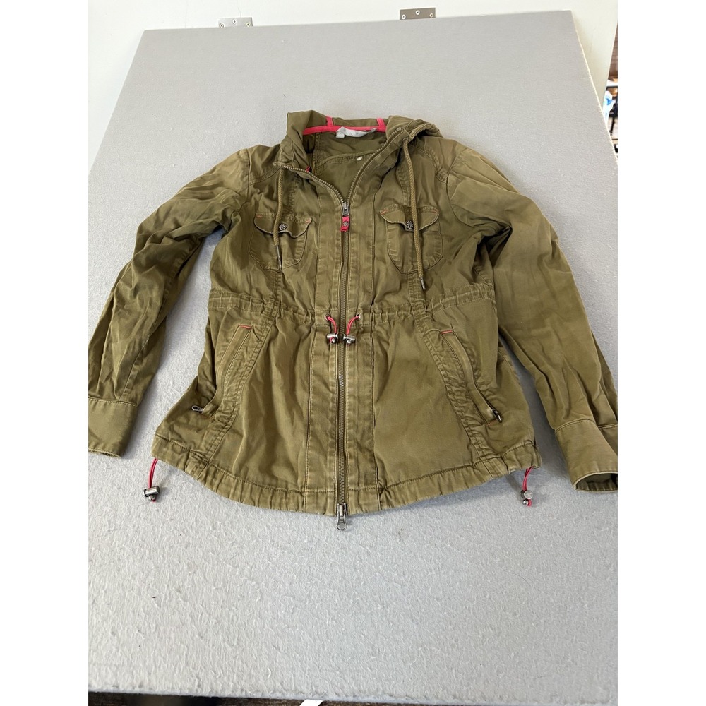 Utility Hooded Jacket Womens Small Green Anorak Zip Pockets Drawstring‎ Waist